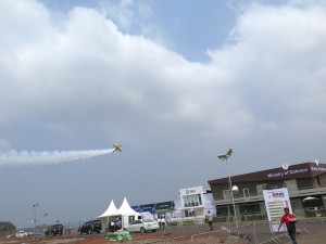 Acrobatic air demonstration during the opening of DEFEXPO