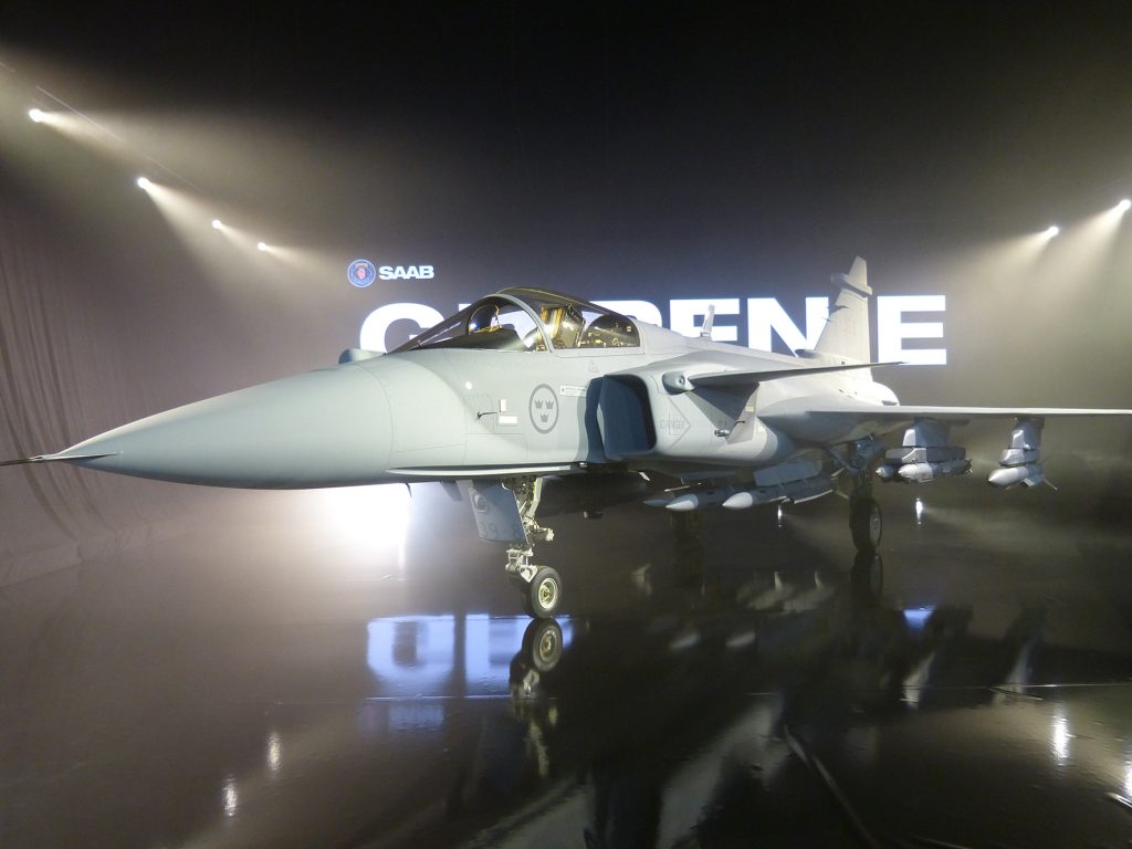 The first of three Saab Gripen E test aircraft unveiled on 18 May at Linkoping. (David Oliver)