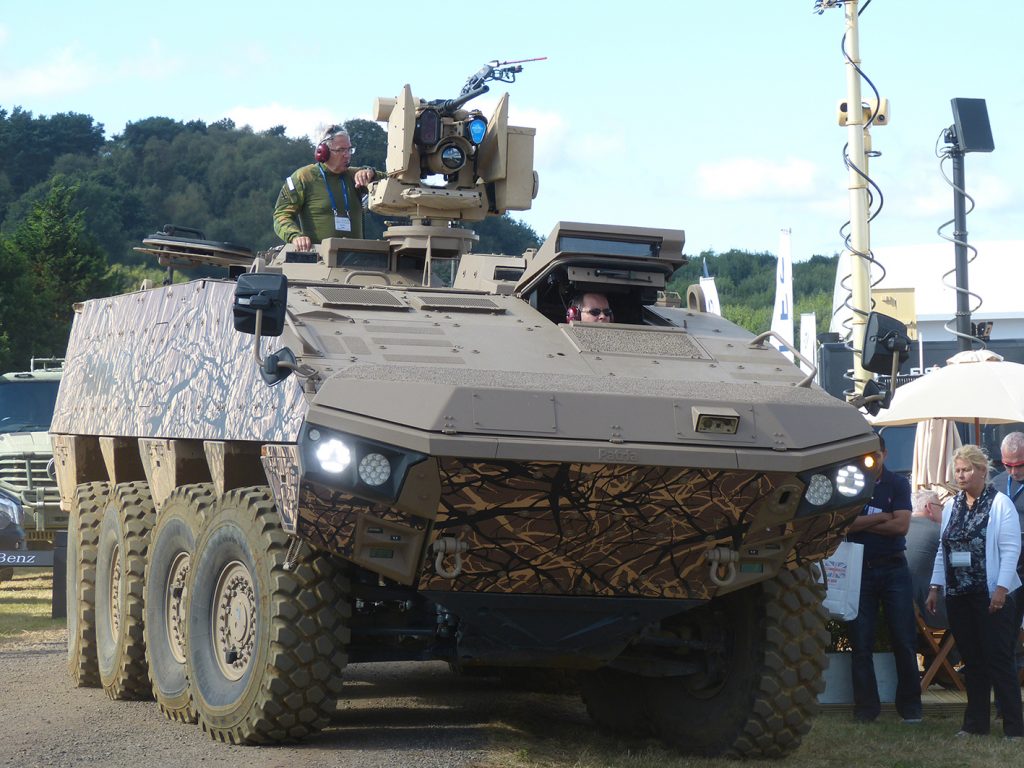 Patria showed its Armoured Modular Vehicle (AMV) XP with a Kongsberg remote weapons system.   