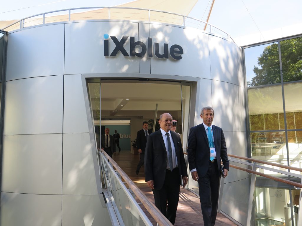 Jean-Yves Le Drian, French Minister of Defence, (at left) and Philippe Debaillon-Vesque, iXblue President and CEO, pictured during the inauguration of iXcampus at Saint Germain-en-Laye near Paris on 1 September 2016. © J. Roukoz