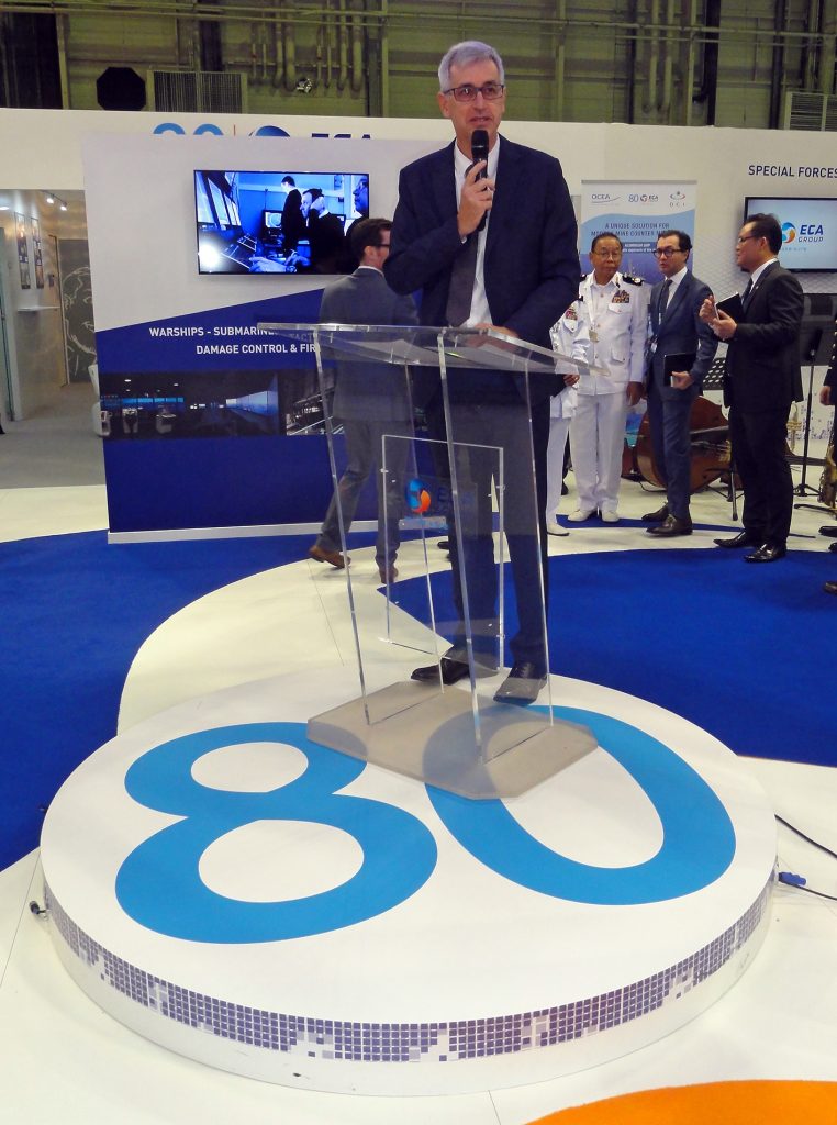 Guénaël Guillerme, directeur-général of Groupe ECA, pictured introducing his now 80-year company to the press. ECA will soon provide specialised underwater drones for the Franco-British MMCM project due to boost the counter-mine skill of the Marine National and the Royal Navy.  © J.-M. Guhl