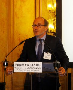 Hugues d’Argentré, a former French Navy helicopter pilot, general delegate of GICAN and director of Euronaval opens the biannual press conference at the Cercle des Armées in Paris. © J.-M. Guhl