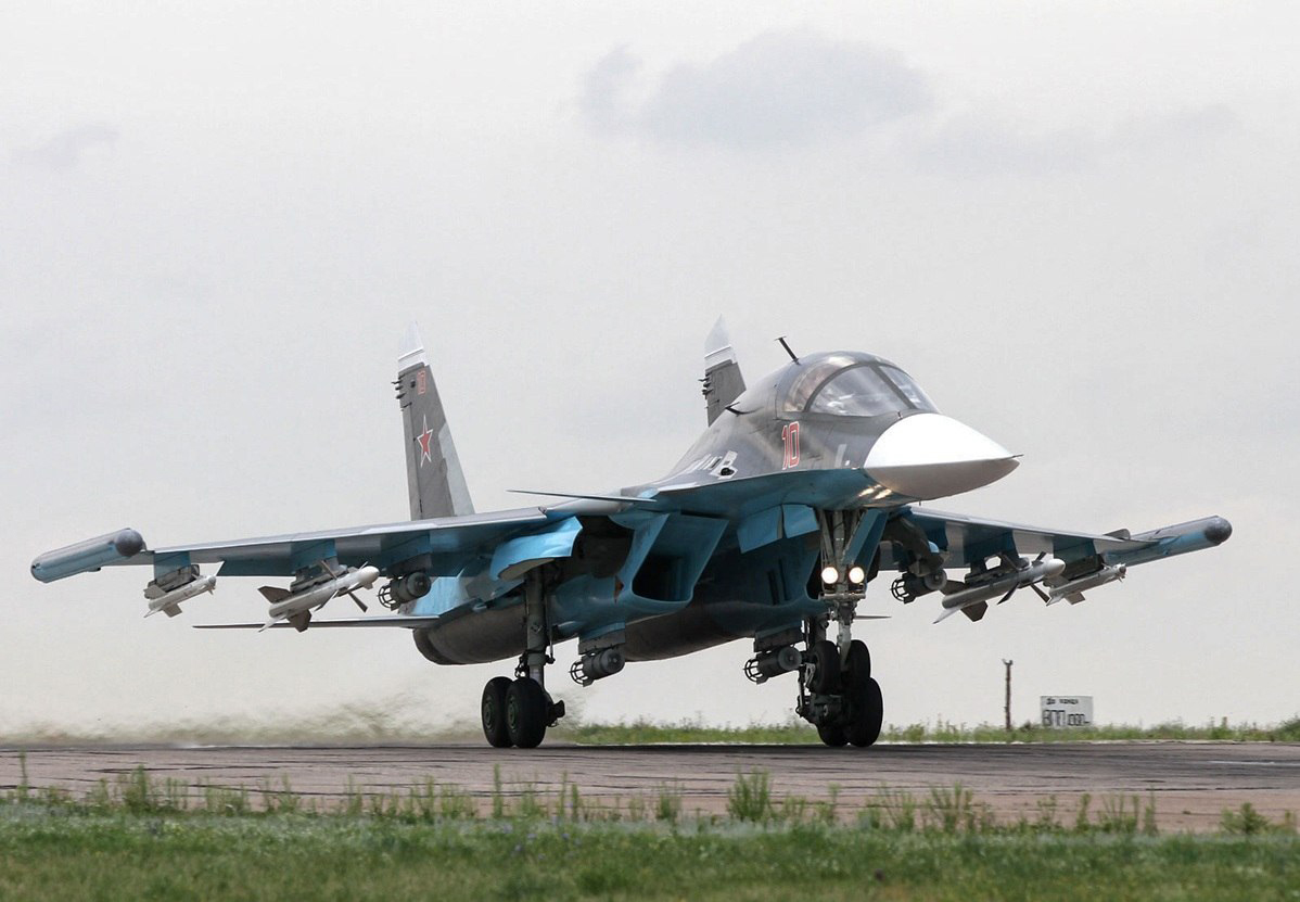 Russian Air Force Sukhoi Su-34 armed with underwing R-73 and R-27 air-to-air missiles.